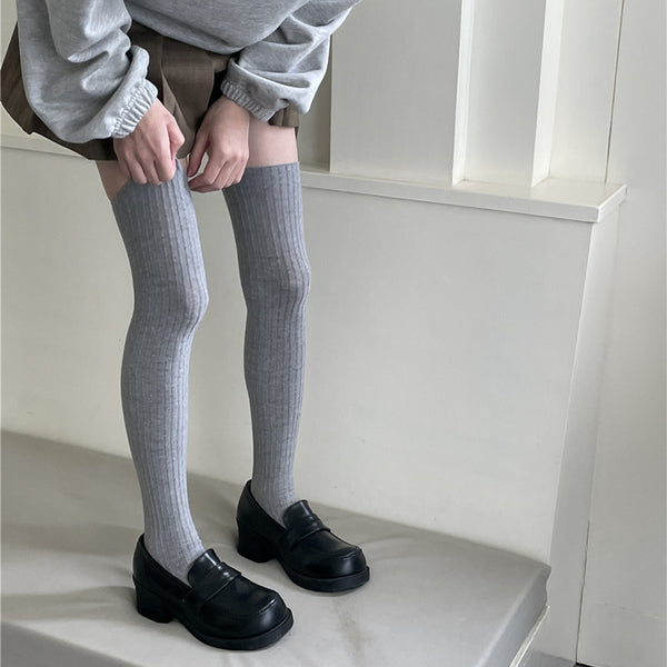 粗條過膝襪秋冬豎條純色高筒襪不掉小腿襪雙針長筒襪女YM2330