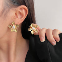 MY38151高級感法式輕奢復古金屬花朵珍珠耳環