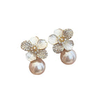 銀針鋯石珍珠花朵滴油耳環HE14924