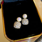 HE18910真金電鍍銀針鋯石方形珍珠耳環