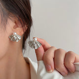 MY37733歐美扇形褶皺設計鋯石仿珍珠耳環