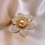 HP717真金電鍍鋯石珍珠花朵胸針