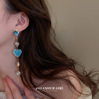 HE8961銀針鑲鑽水滴形珍珠愛心軟糖耳環韓國甜美氣質長款耳墜設計感耳飾