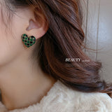HE7502-925銀針滴油方格愛心方形耳環韓國復古棋盤格耳釘個性氣質耳飾女