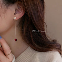 HE7479不對稱鑲鑽愛心鏈條耳環韓國ins小巧耳釘個性氣質長款耳飾925銀針