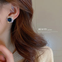 HE7482-925銀針鑲鑽鋯石方形耳時尚復古小眾耳釘韓國個性氣質高級耳飾女