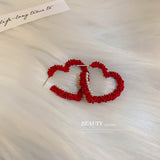 HE4666-925銀針喜慶新年紅色愛心珍珠耳環ins網紅個性設計感耳釘韓國耳飾