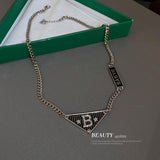 HN1824韓國鑲鑽字母B三角形牌子項鍊女小眾設計感鎖骨鏈個性氣質項飾