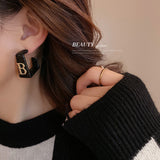 HE7003-銀針皮革幾何方形字母B耳環韓國ins黑色復古時尚耳墜個性氣質耳飾