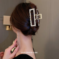 韓國東大門鑲鑽珍珠方形髮夾後腦勺鯊魚夾抓夾個性髮飾女HH2062