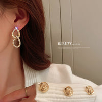HE4860-925銀針鑲鑽8字珍珠耳環韓國東大門個性設計感耳墜淑女氣質耳飾女
