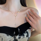 真金電鍍鋯石花朵珍珠項鍊韓國ins高級感輕奢鎖骨鍊HN2449