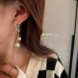 HE5486-925銀針銀杏葉珍珠流蘇耳環輕奢小眾設計樹葉耳墜氣質長款耳飾女