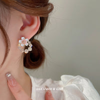 HE9685真金電鍍銀針鋯石珍珠花朵耳環耳釘