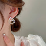 HE9685真金電鍍銀針鋯石珍珠花朵耳環耳釘