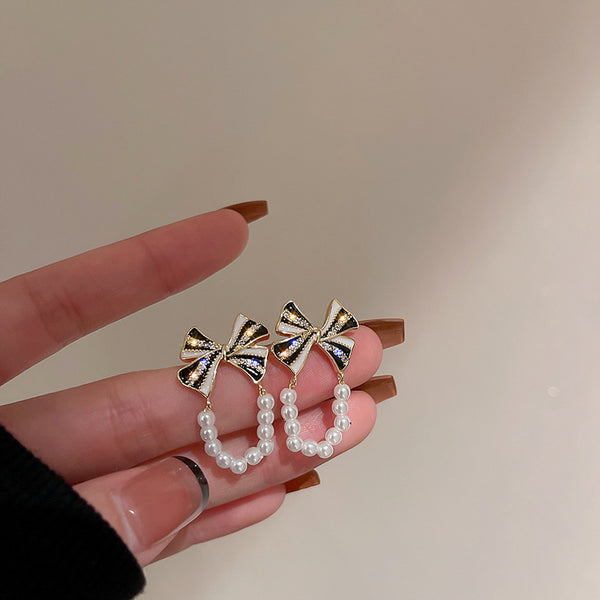 HE7498真金電鍍925銀針鋯石蝴蝶結珍珠耳環法式小眾輕奢高級感耳飾耳釘
