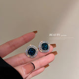 HE7482-925銀針鑲鑽鋯石方形耳時尚復古小眾耳釘韓國個性氣質高級耳飾女