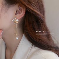 HE7503-真金電鍍925銀針珍珠花朵流蘇耳環韓國氣質甜美少女長款耳飾耳墜