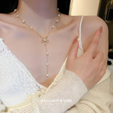 HN2260真金電鍍鋯石花朵淡水珍珠項鍊長款鎖骨鏈氣質輕奢項飾女