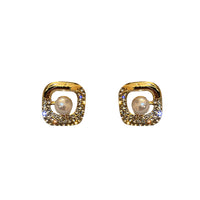 HE4363-925銀針鑲鑽珍珠方塊耳釘法式輕奢小眾高級感耳環女氣質新款耳飾