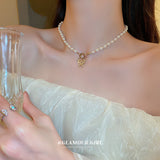 HN1418真金電鍍T型珍珠鑲鑽笑臉項鍊韓國時尚頸鍊鎖骨鏈高級項飾
