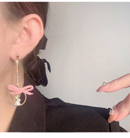 MY34443粉色蝴蝶結耳釘可愛兔子花朵不對稱耳環氣質長款流蘇耳飾925銀針