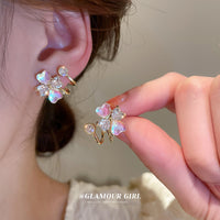 HE9321銀針鋯石彩光愛心花朵雙層耳環耳釘小香風氣質輕奢耳飾