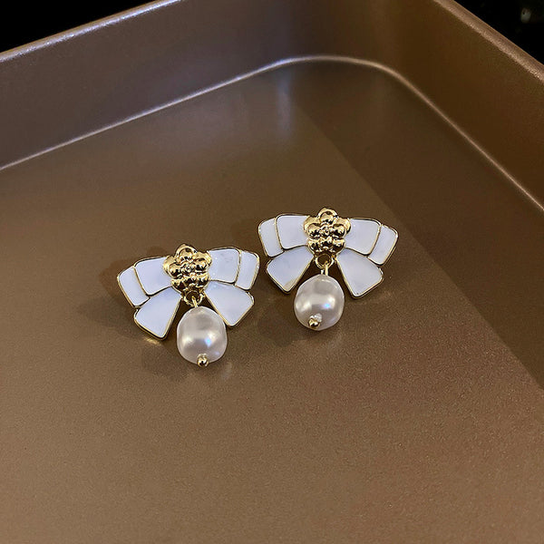 202110HE7066-925銀針蝴蝶結花朵珍珠耳環韓國小眾設計感耳釘簡約時尚氣質耳飾