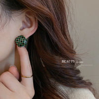 HE7502-925銀針滴油方格愛心方形耳環韓國復古棋盤格耳釘個性氣質耳飾女