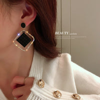 HE4289-925銀針幾何鑲鑽方形菱形耳環女韓國誇張時尚耳墜氣質百搭耳飾女