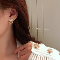 HE5223-925銀針珍珠鑲鑽蝴蝶結耳環女精緻小巧甜美簡約耳釘韓國氣質耳飾
