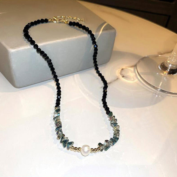 韓國珍珠頸鍊女水晶串珠項鍊輕奢小眾設計感黑色鎖骨鏈短款MY35667
