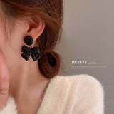HE4433-925銀針皮質鈕扣蝴蝶結耳環韓國ins黑色系耳墜時尚個性簡約耳飾女