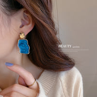 HE7496滴油幾何不規則藍色耳環時尚復古油畫風耳墜個性氣質耳飾925銀針