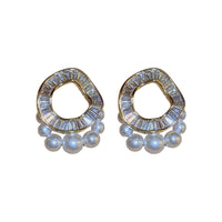真金電鍍銀針不規則圓圈鋯石珍珠法式時尚耳飾女HE9773
