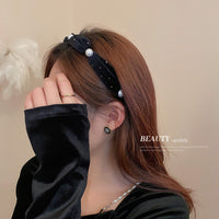HH1613 HH1628時尚黑色絲絨蝴蝶結珍珠髮箍頭飾韓國秋冬網紅頭箍個性氣質髮飾女