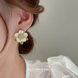 HE9711銀針滴油鑲鑽珍珠花朵耳環夏季小清新甜美耳釘耳飾批發女