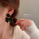 HE4433-925銀針皮質鈕扣蝴蝶結耳環韓國ins黑色系耳墜時尚個性簡約耳飾女