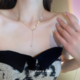 真金電鍍鋯石花朵珍珠項鍊韓國ins高級感輕奢鎖骨鍊HN2449