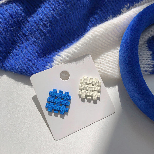 MY35086克萊因藍色白色方塊不對稱耳釘ins氣質小眾設計耳環925銀針耳飾