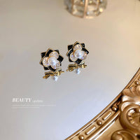 HE7505-銀針珍珠鋯石花朵耳環韓國ins小眾輕奢耳釘個性高級感氣質耳飾女