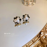 HE7505-銀針珍珠鋯石花朵耳環韓國ins小眾輕奢耳釘個性高級感氣質耳飾女