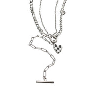 HN1739-黑白方格愛心T形吊墜雙層項鍊女ins小眾設計感長款鎖骨鏈潮毛衣鏈