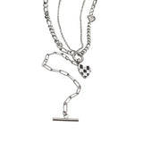 HN1739-黑白方格愛心T形吊墜雙層項鍊女ins小眾設計感長款鎖骨鏈潮毛衣鏈