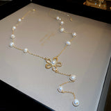 HN2260真金電鍍鋯石花朵淡水珍珠項鍊長款鎖骨鏈氣質輕奢項飾女