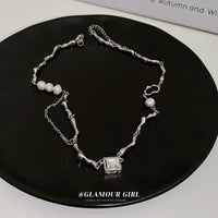 HN2298不規則幾何鑲鑽珍珠項鍊韓國ins冷淡風鎖骨鏈小眾設計項飾女批發