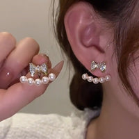 MY32329微鑲鑽蝴蝶結珍珠耳釘潮小眾設計感耳環韓國氣質耳飾女