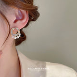 真金電鍍銀針不規則圓圈鋯石珍珠法式時尚耳飾女HE9773