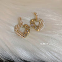 202110HE4921-925銀針鑲鑽愛心珍珠耳環女韓國氣質小眾設計耳墜ins簡約時尚耳飾