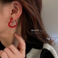 HE4666-925銀針喜慶新年紅色愛心珍珠耳環ins網紅個性設計感耳釘韓國耳飾